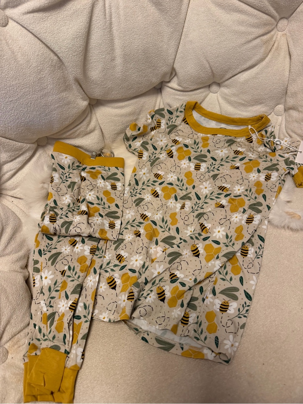 Kids Honey Bee Print Pajama Set - Cream with Mustard Trim
